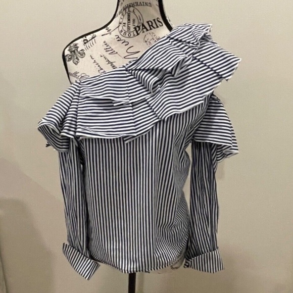 Leith One‎ Shoulder Womens Lng Slve Striped Blouse with Ruffles Navy/White XS - Picture 3 of 6